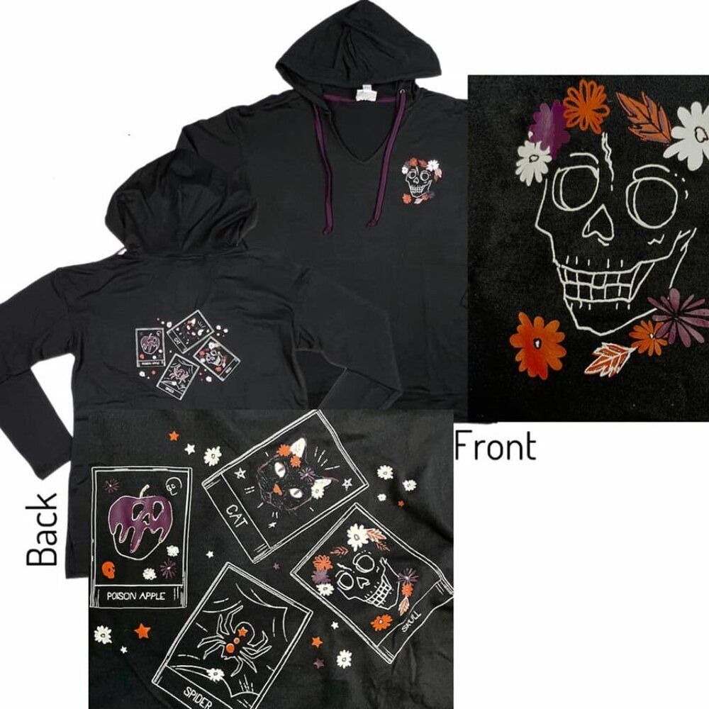 NEW XL LuLaRoe Eliza Skull Glow Dark Black Hoodie Pullover V Neck Skeleton Knit